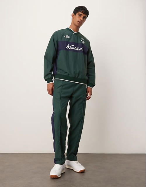 Wimbledon capsule chest panel v-neck knit jumper and tennis track pants co-ord in dark green