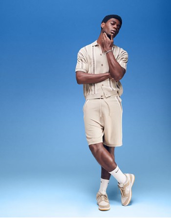 Comfortable relaxed textured stripe polo and shorts co-ord in beige