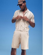 Comfortable relaxed textured stripe polo and shorts co-ord in beige