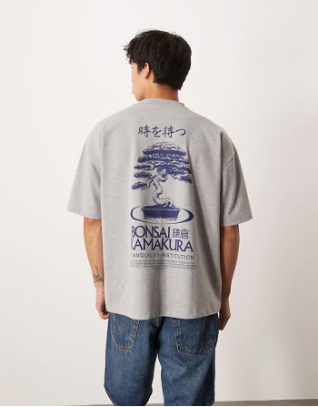 heavyweight oversized t-shirt with bonsai graphic in grey marl