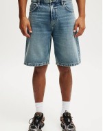 slim regular length denim short in light wash blue