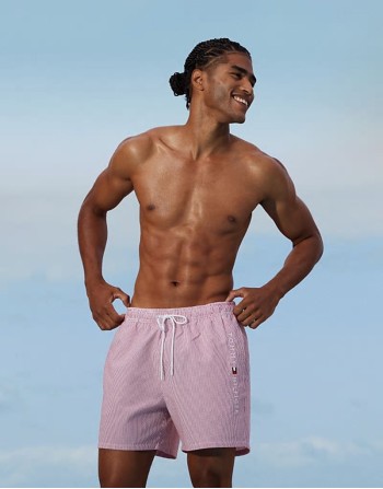 swim shorts in short length with watercolour tile print in stone