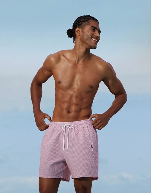 swim shorts in short length with watercolour tile print in stone
