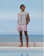 swim shorts in short length with watercolour tile print in stone