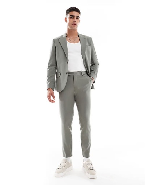 Comfortable four way stretch skinny suit in dark green