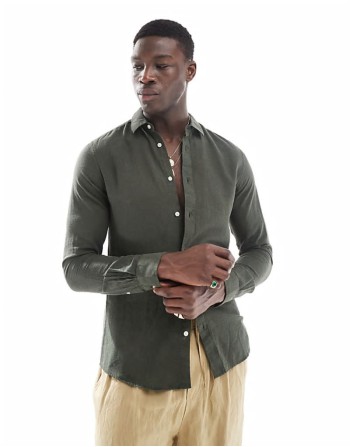 linen mix long sve shirt in dark green