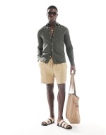 linen mix long sve shirt in dark green
